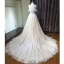 Chic / Beautiful Champagne Wedding Dresses 2019 A-Line / Princess Off-The-Shoulder Short Sleeve Backless Appliques Lace Pearl Glitter Tulle Chapel Train Ruffle