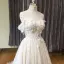 Chic / Beautiful Champagne Wedding Dresses 2019 A-Line / Princess Off-The-Shoulder Short Sleeve Backless Appliques Lace Pearl Glitter Tulle Chapel Train Ruffle