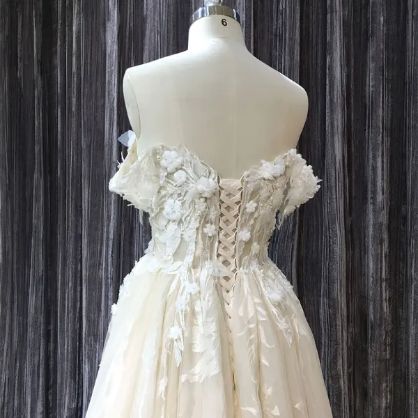 Chic / Beautiful Champagne Wedding Dresses 2019 A-Line / Princess Off-The-Shoulder Short Sleeve Backless Appliques Lace Pearl Glitter Tulle Chapel Train Ruffle