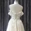 Chic / Beautiful Champagne Wedding Dresses 2019 A-Line / Princess Off-The-Shoulder Short Sleeve Backless Appliques Lace Pearl Glitter Tulle Chapel Train Ruffle
