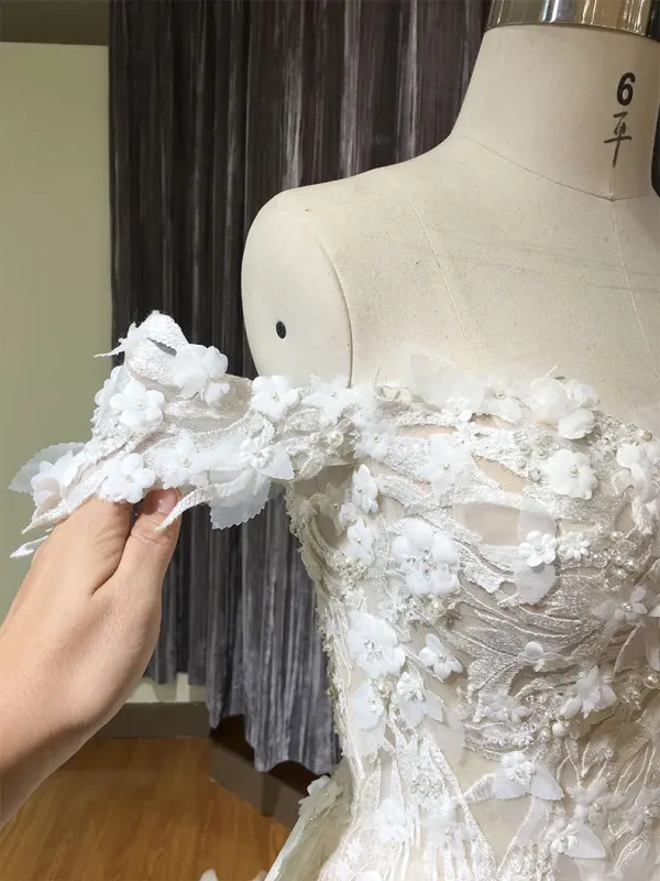 Chic / Beautiful Champagne Wedding Dresses 2019 A-Line / Princess Off-The-Shoulder Short Sleeve Backless Appliques Lace Pearl Glitter Tulle Chapel Train Ruffle