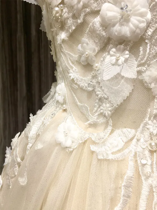 Chic / Beautiful Champagne Wedding Dresses 2019 A-Line / Princess Off-The-Shoulder Short Sleeve Backless Appliques Lace Pearl Glitter Tulle Chapel Train Ruffle