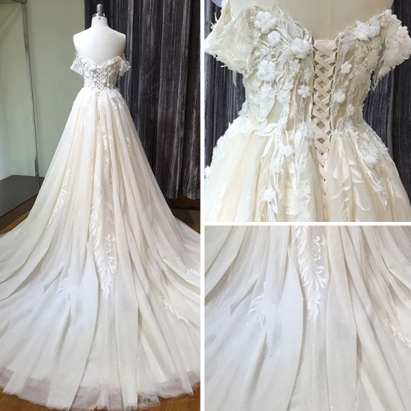 Chic / Beautiful Champagne Wedding Dresses 2019 A-Line / Princess Off-The-Shoulder Short Sleeve Backless Appliques Lace Pearl Glitter Tulle Chapel Train Ruffle