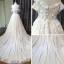 Chic / Beautiful Champagne Wedding Dresses 2019 A-Line / Princess Off-The-Shoulder Short Sleeve Backless Appliques Lace Pearl Glitter Tulle Chapel Train Ruffle