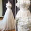 Chic / Beautiful Champagne Wedding Dresses 2019 A-Line / Princess Off-The-Shoulder Short Sleeve Backless Appliques Lace Pearl Glitter Tulle Chapel Train Ruffle