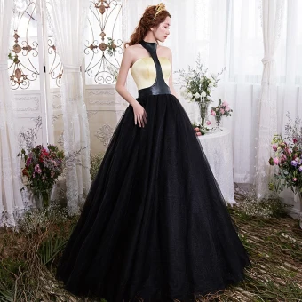 Unique Noire Doré Robe De Bal 2017 Robe Boule Titulaire Sans Manches Longue Dos Nu Robe De Ceremonie