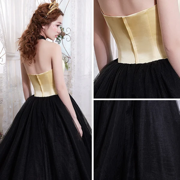 Amazing / Unique Black Gold Prom Dresses 2017 Ball Gown Halter Sleeveless Floor-Length / Long Backless Formal Dresses