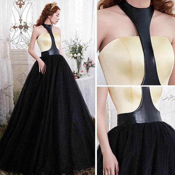 Amazing / Unique Black Gold Prom Dresses 2017 Ball Gown Halter Sleeveless Floor-Length / Long Backless Formal Dresses