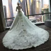 Luxury / Gorgeous Church Hall Wedding Dresses 2017 Lace Appliques Bow Sequins Rhinestone Pearl Backless V-Neck Sleeveless Cathedral Train White Ball Gown