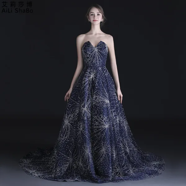 Bling Bling Navy Blue Prom Dresses 2018 A-Line / Princess Sweetheart Sleeveless Beading Rhinestone Chapel Train Ruffle Backless Formal Dresses