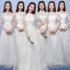 Affordable Champagne Pierced Bridesmaid Dresses 2018 A-Line / Princess Appliques Flower Bow Sash Floor-Length / Long Ruffle Backless Wedding Party Dresses
