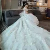 Luxury / Gorgeous Church Hall Wedding Dresses 2017 Lace Appliques Bow Sequins Rhinestone Pearl Backless V-Neck Sleeveless Cathedral Train White Ball Gown