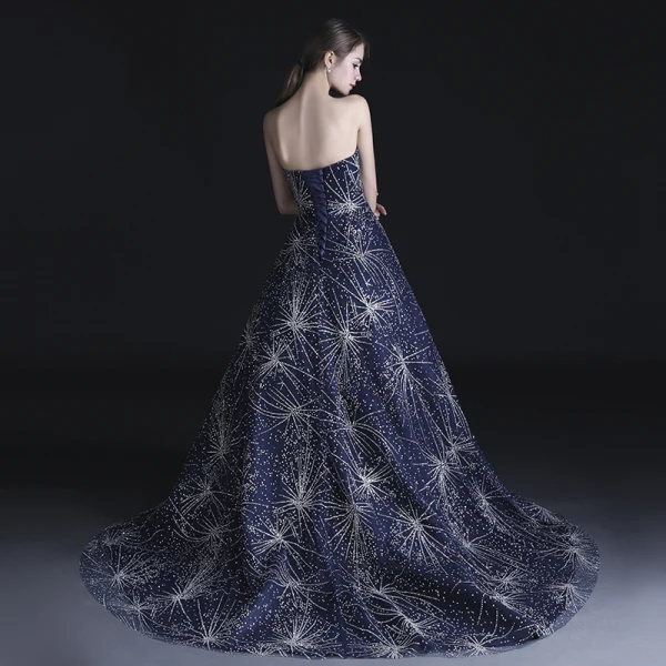 Bling Bling Mørk Marineblå Ballkjoler 2018 Prinsesse Kjæreste Uten Ermer Beading Rhinestone Chapel Train Buste Ryggløse Formelle Kjoler