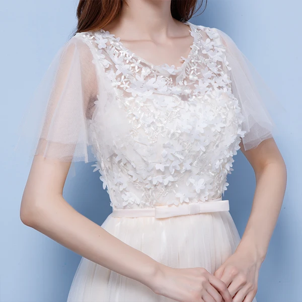Affordable Champagne Pierced Bridesmaid Dresses 2018 A-Line / Princess Appliques Flower Bow Sash Floor-Length / Long Ruffle Backless Wedding Party Dresses