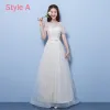 Affordable Champagne Pierced Bridesmaid Dresses 2018 A-Line / Princess Appliques Flower Bow Sash Floor-Length / Long Ruffle Backless Wedding Party Dresses