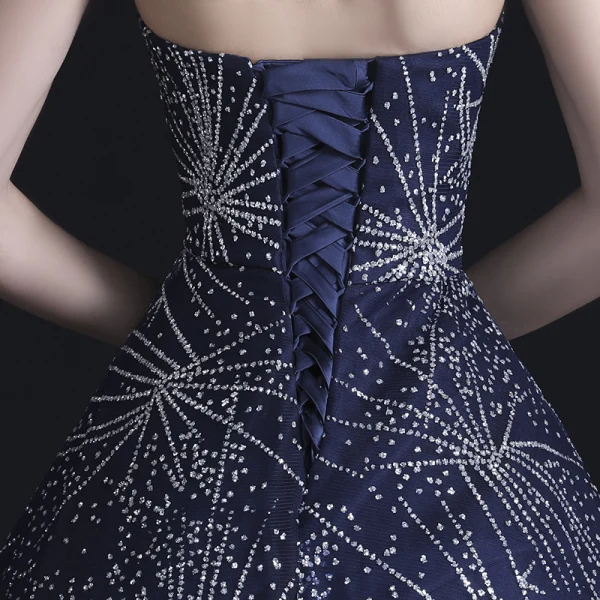 Bling Bling Mørk Marineblå Ballkjoler 2018 Prinsesse Kjæreste Uten Ermer Beading Rhinestone Chapel Train Buste Ryggløse Formelle Kjoler