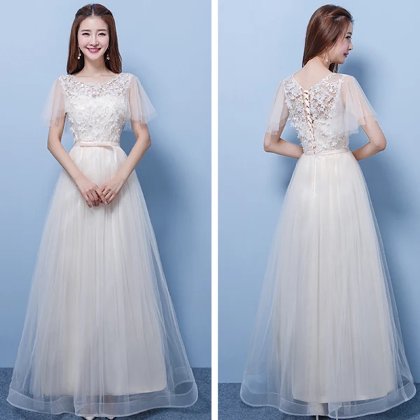 Affordable Champagne Pierced Bridesmaid Dresses 2018 A-Line / Princess Appliques Flower Bow Sash Floor-Length / Long Ruffle Backless Wedding Party Dresses