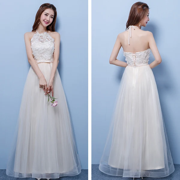 Affordable Champagne Pierced Bridesmaid Dresses 2018 A-Line / Princess Appliques Flower Bow Sash Floor-Length / Long Ruffle Backless Wedding Party Dresses