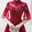 Vintage / Originale Bordeaux Transparentes Robe De Bal 2019 Princesse Col Haut Manches de cloche Appliques En Dentelle Perlage Longue Volants Dos Nu Robe De Ceremonie
