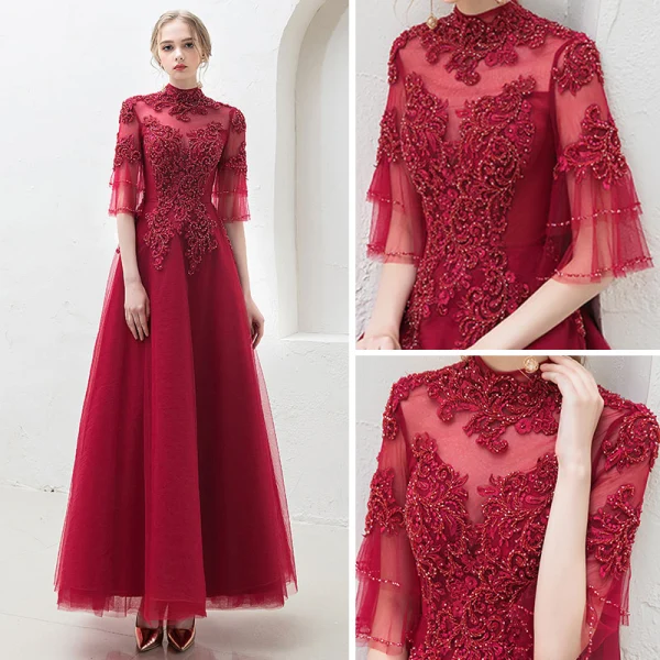 Vintage / Originale Bordeaux Transparentes Robe De Bal 2019 Princesse Col Haut Manches de cloche Appliques En Dentelle Perlage Longue Volants Dos Nu Robe De Ceremonie
