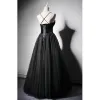 Modest / Simple Black Suede Prom Dresses 2019 A-Line / Princess Spaghetti Straps Sleeveless Floor-Length / Long Ruffle Backless Formal Dresses