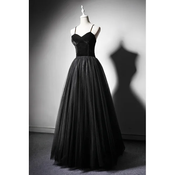 Modest / Simple Black Suede Prom Dresses 2019 A-Line / Princess Spaghetti Straps Sleeveless Floor-Length / Long Ruffle Backless Formal Dresses