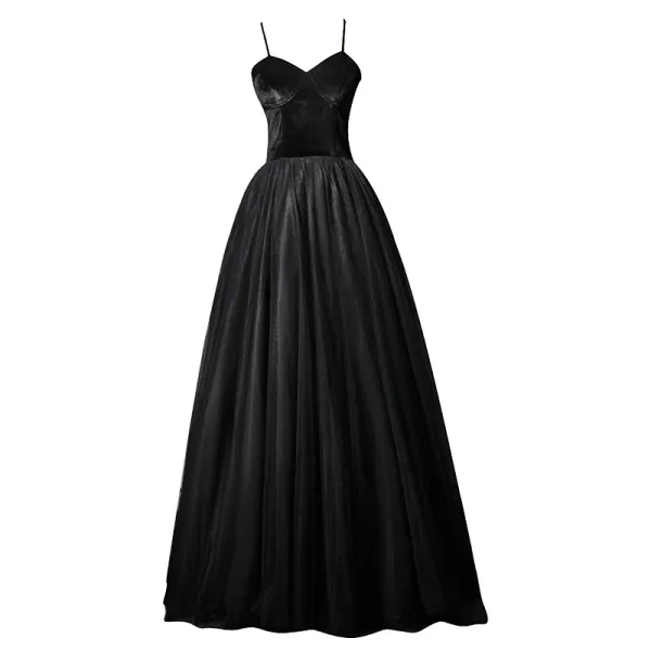 Modest Simple Black Suede Prom Dresses 2019 A Line Princess Spaghetti Straps Sleeveless 