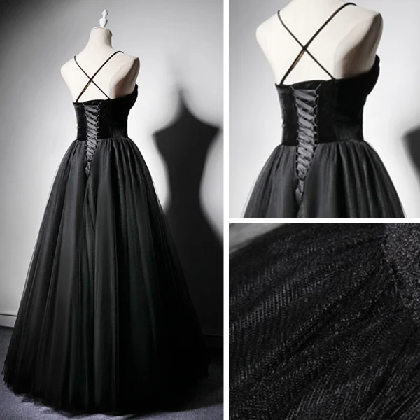 Modest / Simple Black Suede Prom Dresses 2019 A-Line / Princess Spaghetti Straps Sleeveless Floor-Length / Long Ruffle Backless Formal Dresses