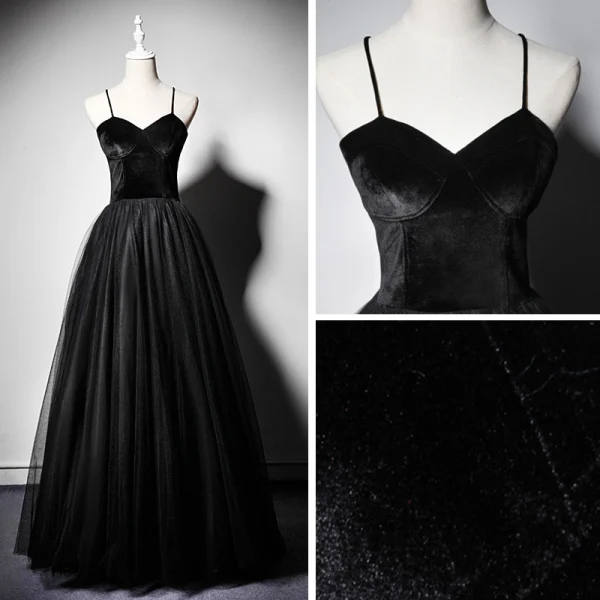Modest / Simple Black Suede Prom Dresses 2019 A-Line / Princess Spaghetti Straps Sleeveless Floor-Length / Long Ruffle Backless Formal Dresses