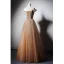 Chic / Beautiful Champagne Evening Dresses  2019 Princess Off-The-Shoulder Short Sleeve Beading Floor-Length / Long Ruffle Backless Formal Dresses