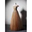 Chic / Beautiful Champagne Evening Dresses  2019 Princess Off-The-Shoulder Short Sleeve Beading Floor-Length / Long Ruffle Backless Formal Dresses