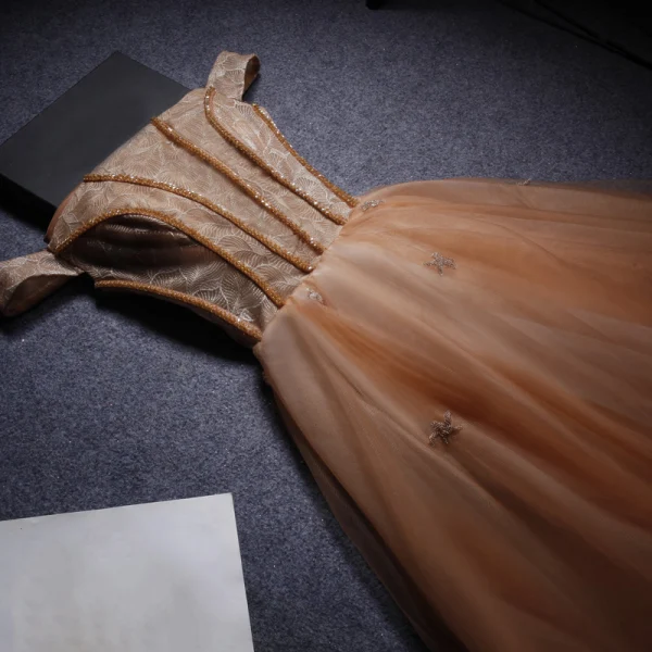 Chic / Beautiful Champagne Evening Dresses 2019 Princess Off-The-Shoulder Short Sleeve Beading Floor-Length / Long Ruffle Backless Formal Dresses