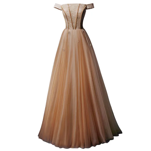 Chic / Beautiful Champagne Evening Dresses 2019 Princess Off-The-Shoulder Short Sleeve Beading Floor-Length / Long Ruffle Backless Formal Dresses