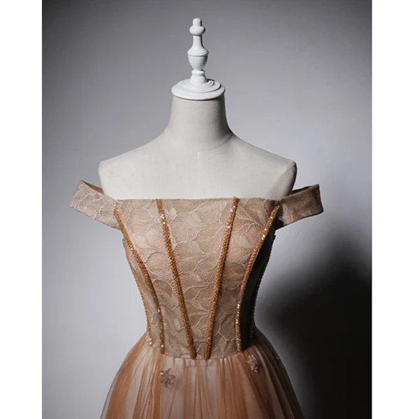 Chic / Beautiful Champagne Evening Dresses 2019 Princess Off-The-Shoulder Short Sleeve Beading Floor-Length / Long Ruffle Backless Formal Dresses