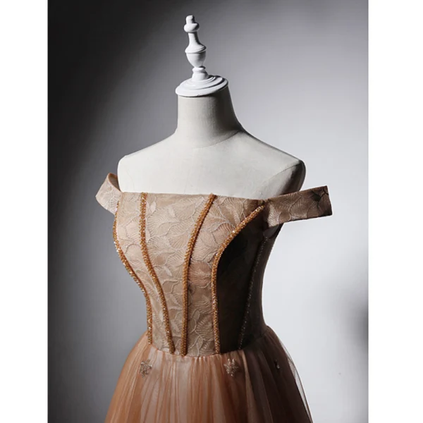 Chic / Beautiful Champagne Evening Dresses 2019 Princess Off-The-Shoulder Short Sleeve Beading Floor-Length / Long Ruffle Backless Formal Dresses