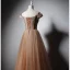 Chic / Beautiful Champagne Evening Dresses  2019 Princess Off-The-Shoulder Short Sleeve Beading Floor-Length / Long Ruffle Backless Formal Dresses