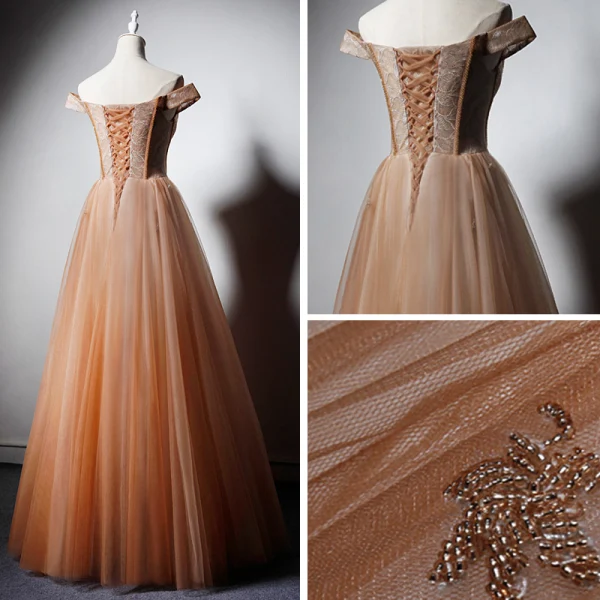 Chic / Beautiful Champagne Evening Dresses 2019 Princess Off-The-Shoulder Short Sleeve Beading Floor-Length / Long Ruffle Backless Formal Dresses