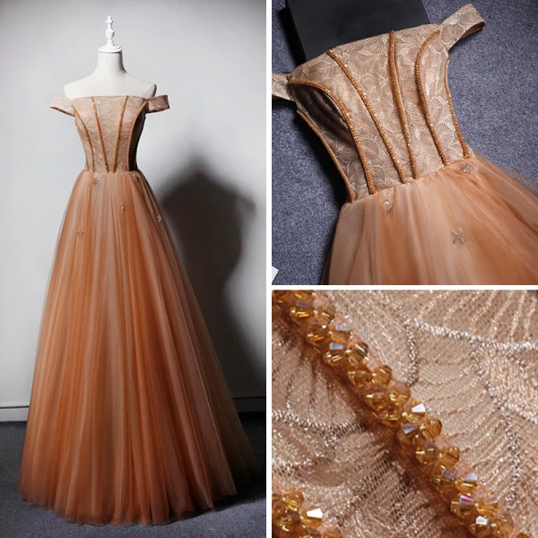 Chic / Beautiful Champagne Evening Dresses 2019 Princess Off-The-Shoulder Short Sleeve Beading Floor-Length / Long Ruffle Backless Formal Dresses