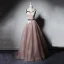 Elegant Pearl Pink Prom Dresses 2019 A-Line / Princess Shoulders Sleeveless Appliques Lace Sash Floor-Length / Long Ruffle Backless Formal Dresses