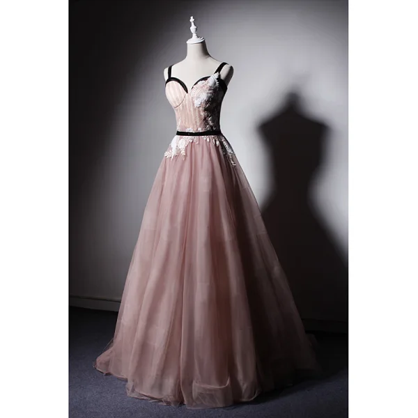 Elegant Pearl Pink Prom Dresses 2019 A-Line / Princess Shoulders Sleeveless Appliques Lace Sash Floor-Length / Long Ruffle Backless Formal Dresses