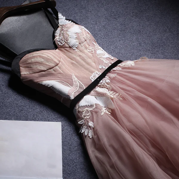 Elegant Pearl Pink Prom Dresses 2019 A-Line / Princess Shoulders Sleeveless Appliques Lace Sash Floor-Length / Long Ruffle Backless Formal Dresses