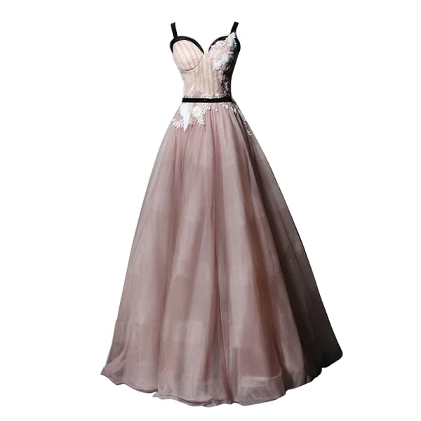 Elegant Pearl Pink Prom Dresses 2019 A-Line / Princess Shoulders Sleeveless Appliques Lace Sash Floor-Length / Long Ruffle Backless Formal Dresses
