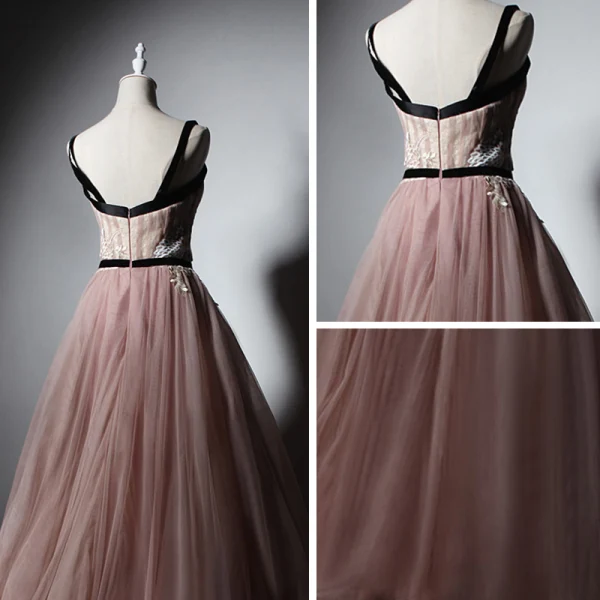 Elegant Pearl Pink Prom Dresses 2019 A-Line / Princess Shoulders Sleeveless Appliques Lace Sash Floor-Length / Long Ruffle Backless Formal Dresses