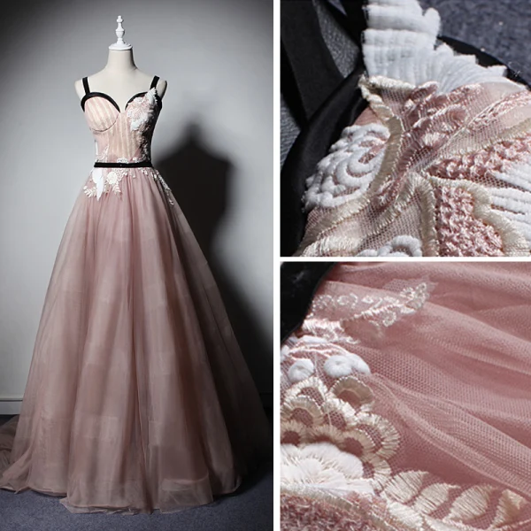 Elegant Pearl Pink Prom Dresses 2019 A-Line / Princess Shoulders Sleeveless Appliques Lace Sash Floor-Length / Long Ruffle Backless Formal Dresses