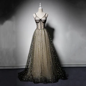 Moderne Mode Noire Robe De Bal 2019 Princesse Bretelles Spaghetti Sans Manches Glitter Étoile Longue Volants Dos Nu Robe De Ceremonie