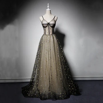 Moderne Mode Noire Robe De Bal 2019 Princesse Bretelles Spaghetti Sans Manches Glitter Étoile Longue Volants Dos Nu Robe De Ceremonie