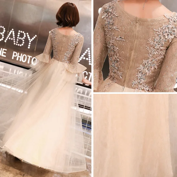 Élégant Champagne Robe De Soirée 2019 Princesse V-Cou Manches de cloche Appliques En Dentelle Perlage Glitter Longue Volants Robe De Ceremonie