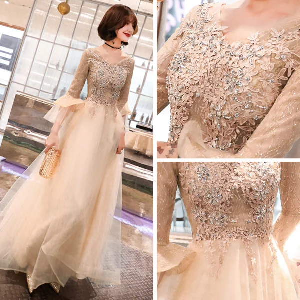 Élégant Champagne Robe De Soirée 2019 Princesse V-Cou Manches de cloche Appliques En Dentelle Perlage Glitter Longue Volants Robe De Ceremonie