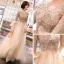 Élégant Champagne Robe De Soirée 2019 Princesse V-Cou Manches de cloche Appliques En Dentelle Perlage Glitter Longue Volants Robe De Ceremonie