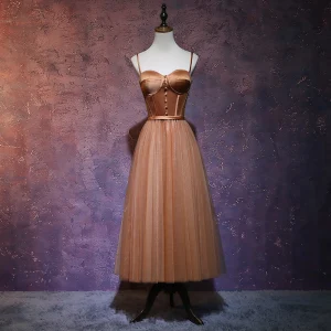 Chic Beautiful Brown Prom Dresses 2019 A Line Princess Spaghetti Straps Sleeveless Sash Tea Length Ruffle Backless Formal Dresses